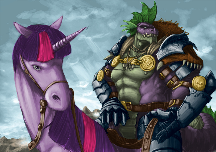 abstract_background amazing armor beefster09 bit_gag bridle dragon duo equine female feral friendship_is_magic gag hair horn male mammal my_little_pony outside purple_hair quizzicalkisses saddle scalie shaded spike spike_(mlp) twilight_sparkle_(mlp) unicorn