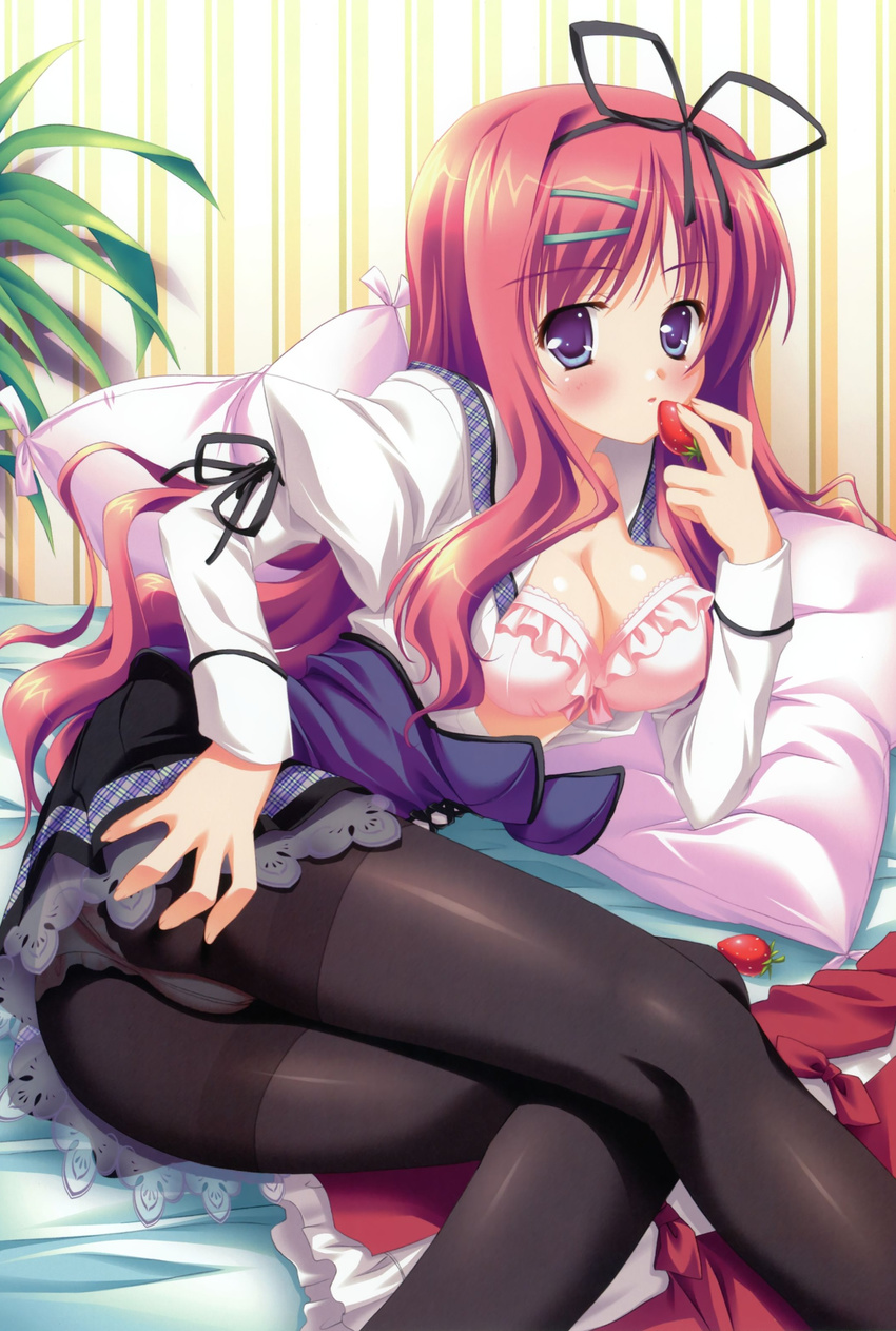 absurdres ass bed black_legwear bra breasts cleavage crotch_seam food fruit hair_ribbon highres hinamatsuri_touko leaning medium_breasts mikoko_(game) open_clothes open_shirt panties panties_under_pantyhose pantyhose pink_bra pink_hair purple_eyes ribbon school_uniform shirakami_aine shirt skirt strawberry striped underwear vertical_stripes