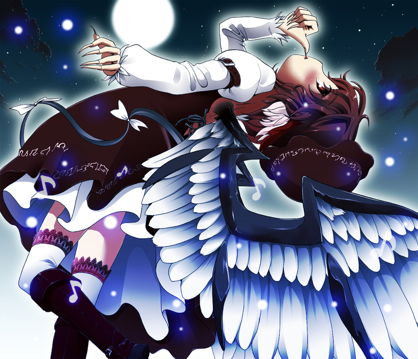 boots excel_(shena) feathered_wings fingernails hat lace lace-trimmed_thighhighs long_fingernails musical_note mystia_lorelei night profile short_hair solo thighhighs touhou white_legwear wings