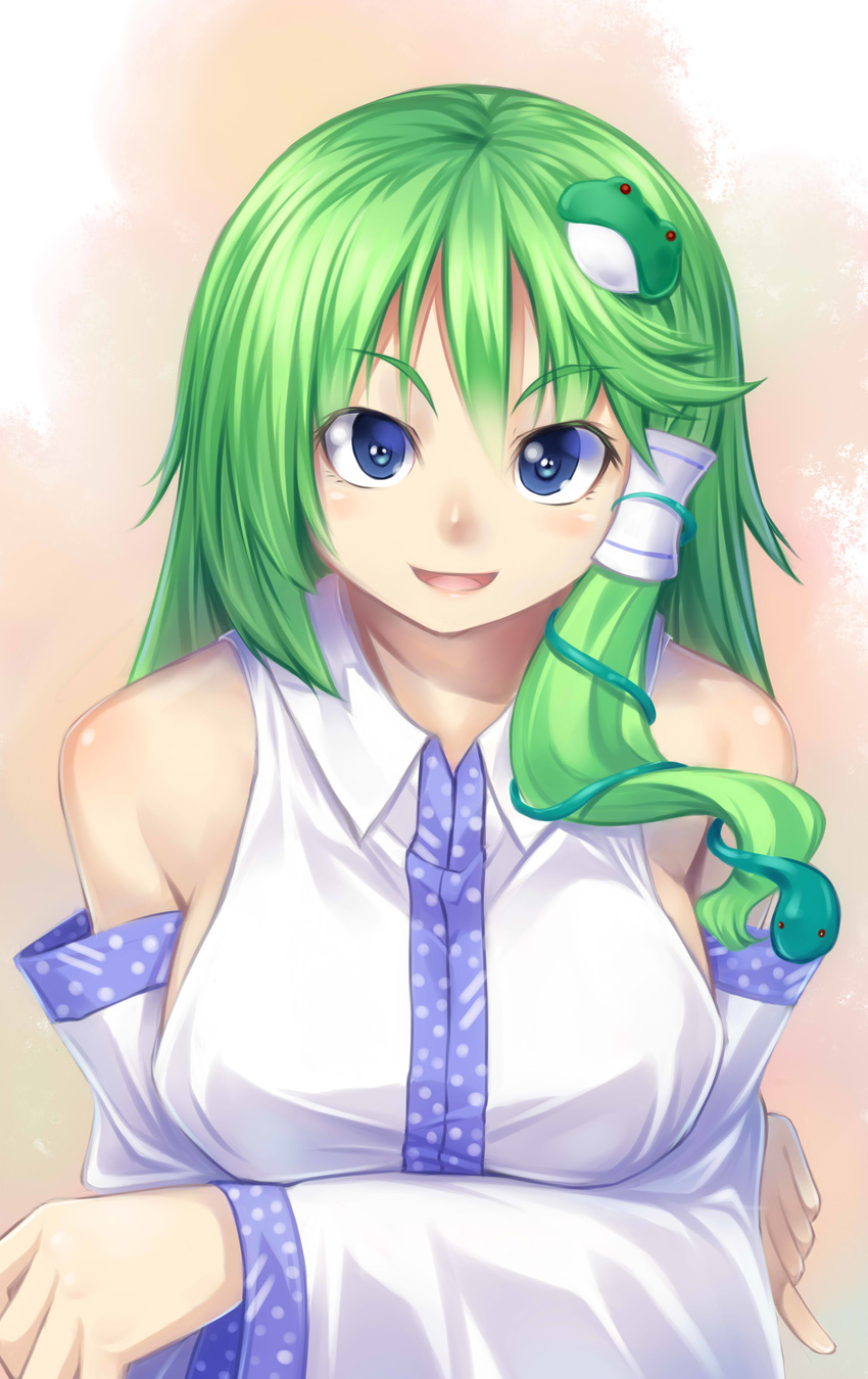 :d absurdres bare_shoulders blue_eyes detached_sleeves frog_hair_ornament green_hair h_kasei hair_ornament hair_tubes highres kochiya_sanae long_hair looking_at_viewer open_mouth pinky_out smile snake solo touhou upper_body