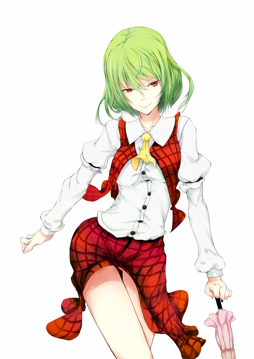 ascot bad_id bad_pixiv_id closed_umbrella colorized dress_shirt green_hair highres kazami_yuuka mizukusa_aoba parasol plaid plaid_skirt plaid_vest planted_umbrella red_eyes shirt short_hair simple_background skirt smile solo touhou umbrella vest white_background