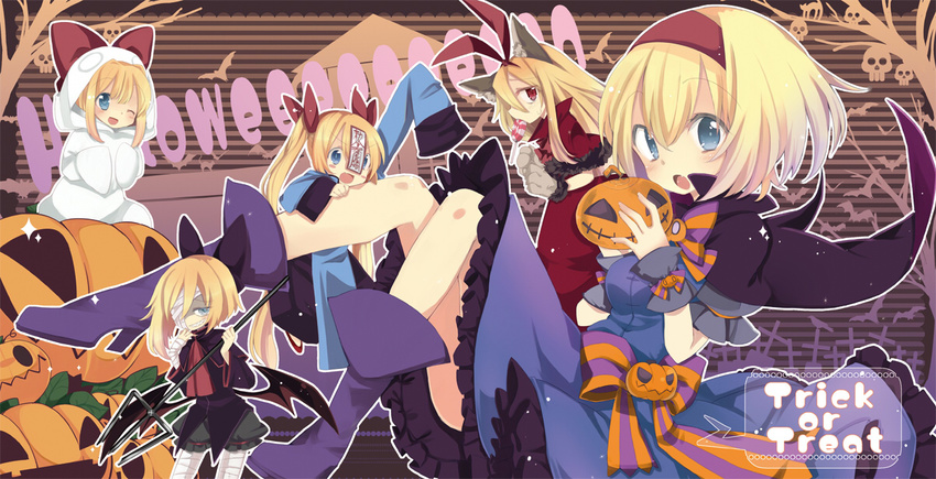 :o alice_margatroid alternate_costume alternate_hairstyle bandages blue_eyes boots bow candy cape food food_in_mouth gloves grin hair_bow hairband halloween hood hoodie hourai_doll jack-o'-lantern lollipop looking_at_viewer mouth_hold ofuda oinari_(tensaizoku) one_eye_closed paw_gloves paws polearm red_eyes shanghai_doll sharp_teeth short_hair smile solo teeth touhou trick_or_treat trident twintails weapon