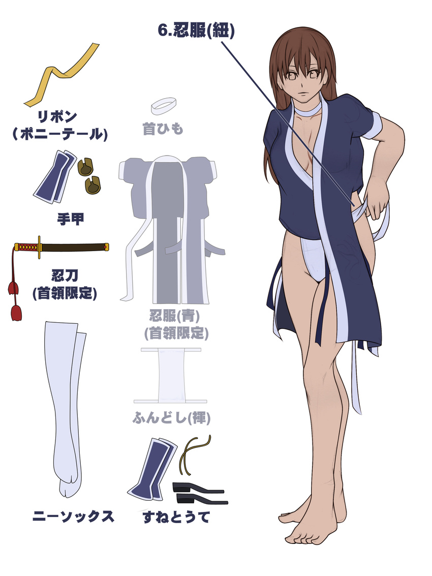 absurdres bare_legs barefoot breasts brown_hair bula choker dead_or_alive dressing flat_color fundoshi hair_down highres japanese_clothes kasumi_(doa) long_hair medium_breasts ninja no_bra short_sleeves solo standing thighhighs translation_request tying