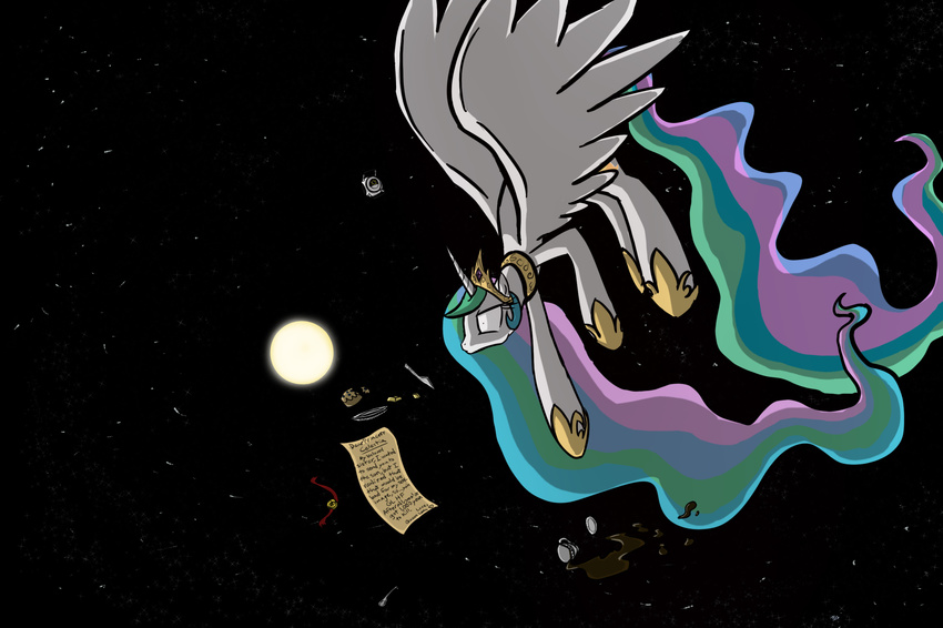 crown cup english_text equine female feral food friendship_is_magic hair horn horse letter mammal multi-colored_hair my_little_pony necklace plate pony princess princess_celestia_(mlp) royalty solo space space_core stars sun tea text thedracojayproduct winged_unicorn wings