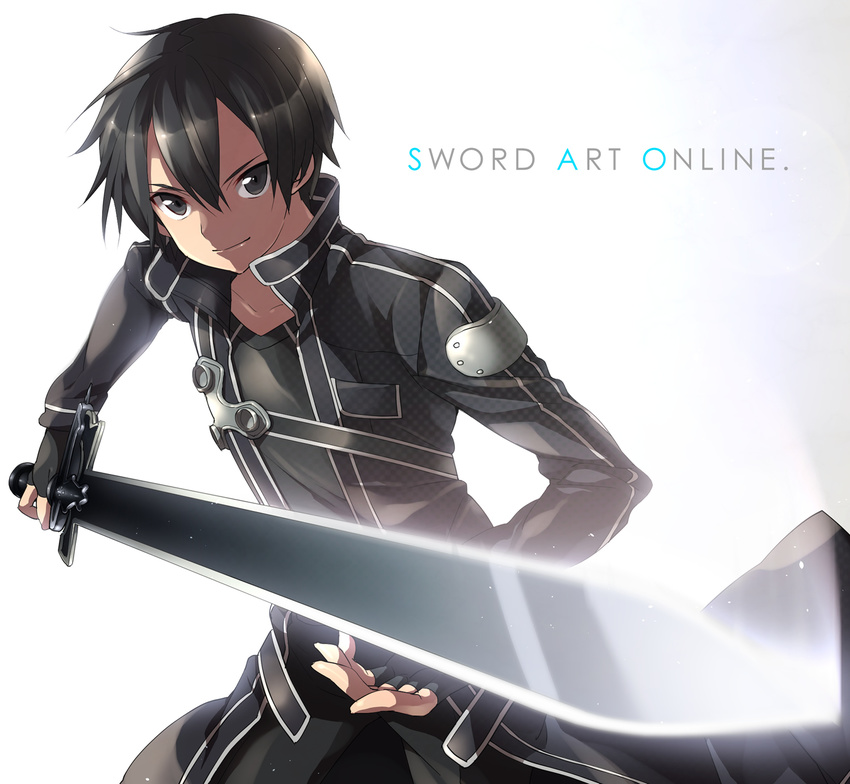 bad_id bad_pixiv_id black_eyes black_hair copyright_name fingerless_gloves gloves highres holding kirito looking_at_viewer male_focus smile solo sword sword_art_online weapon yamaki_suzume