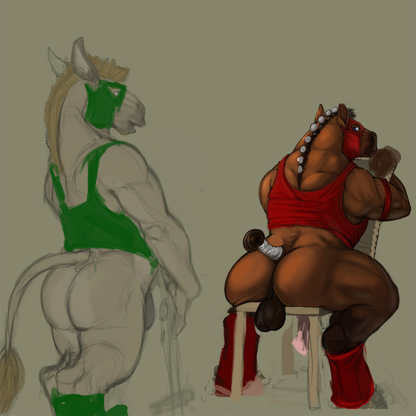 anatomically_correct anthro balls bandage biceps big_butt big_penis blue_eyes bottomless brown_fur brown_hair butt chair clothed clothing collaboration equine erection fur hair half-dressed hooves horse horsecock male mammal mask muscles narse pecs penis plump_butt pose presenting presenting_hindquarters shirt sitting sketch socks standing tank_top teasing trogan unfinished vein