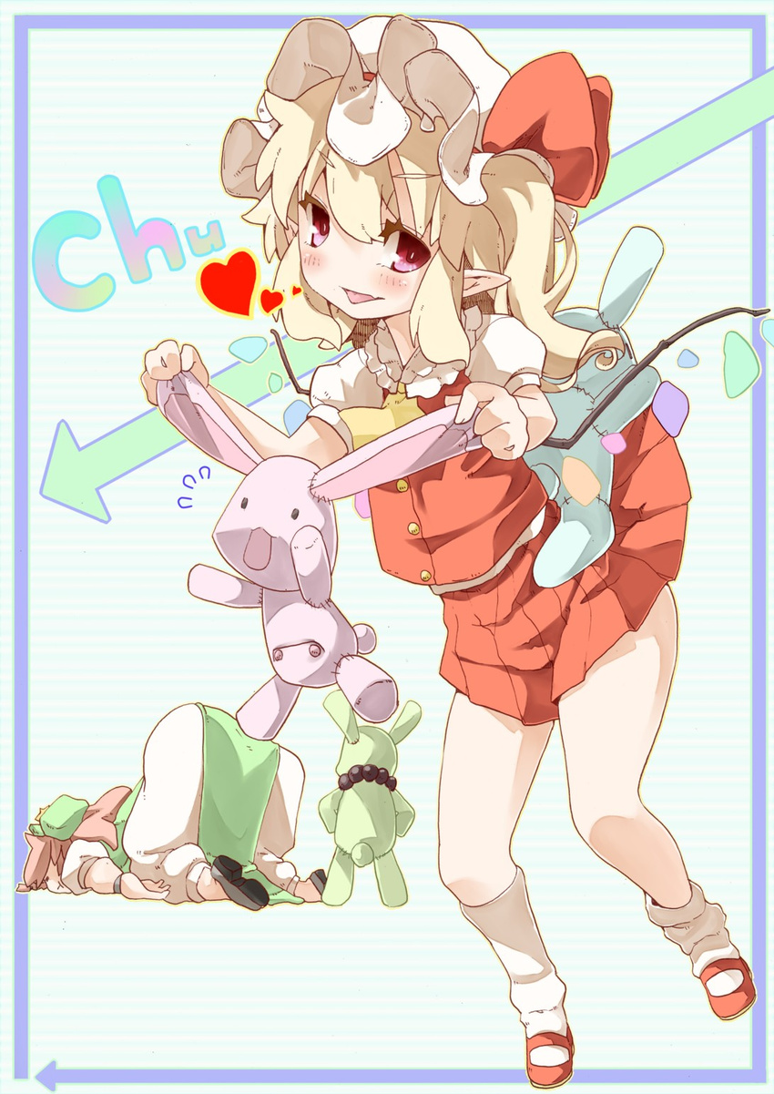 :d ascot bad_id bad_pixiv_id blonde_hair blush border faceplant flandre_scarlet flying_sweatdrops hat hat_ribbon heart highres holding hong_meiling kneehighs looking_at_viewer multiple_girls open_mouth pointy_ears red_eyes ribbon shunsuke side_ponytail skirt smile stuffed_animal stuffed_bunny stuffed_toy touhou wings