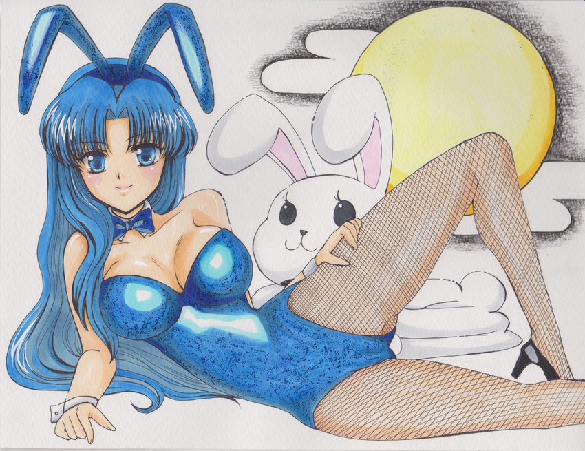 animal_ears asakura_ryouko bad_id bad_pixiv_id blue_eyes blue_hair breasts bunny bunny_ears bunnysuit fishnet_pantyhose fishnets full_moon high_heels highres large_breasts long_hair lying marker_(medium) moon on_side pantyhose rascal_(n119) shoes simple_background smile solo suzumiya_haruhi_no_yuuutsu traditional_media wrist_cuffs