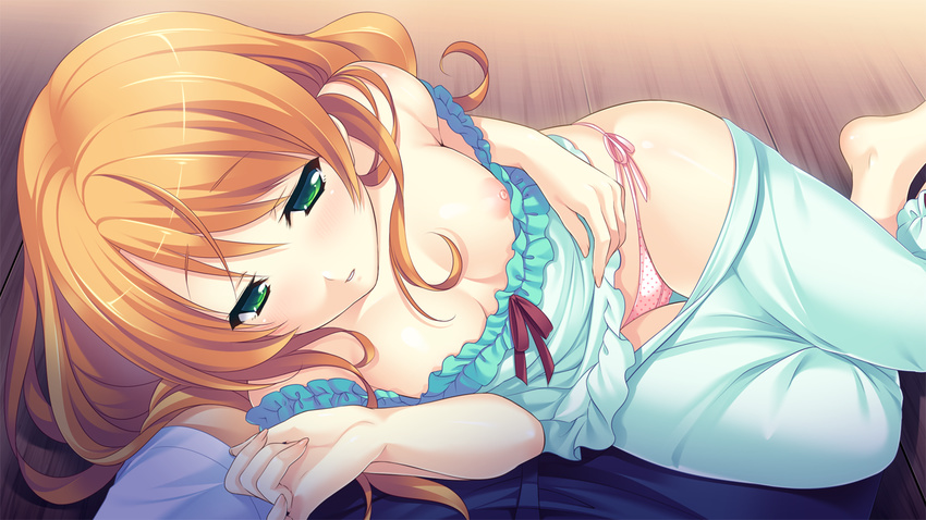 1girl ayase_hazuki barefoot blush breasts breasts_outside game_cg green_eyes green_pajamas kamidere long_hair lying medium_breasts nipple_slip nipples official_art orange_hair pajamas pajamas_pull panties pink_panties polka_dot polka_dot_panties side-tie_panties solo_focus tokunaga_hoshino underwear