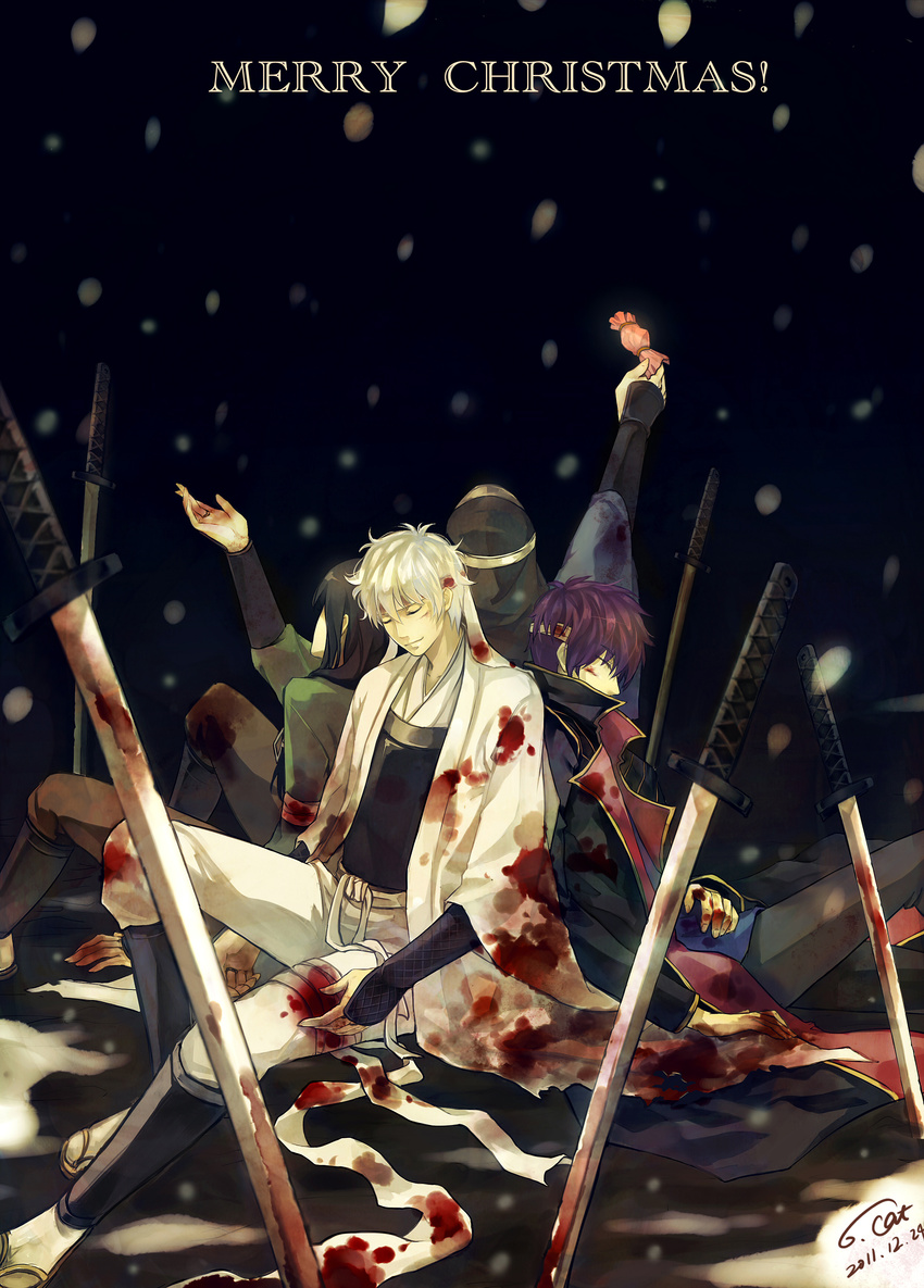 6cat absurdres black_hair brown_hair candy christmas field_of_blades food gintama headband highres japanese_clothes joui katana katsura_kotarou kimono male_focus multiple_boys planted_sword planted_weapon purple_hair sakamoto_tatsuma sakata_gintoki silver_hair snowing sword takasugi_shinsuke weapon white_hair