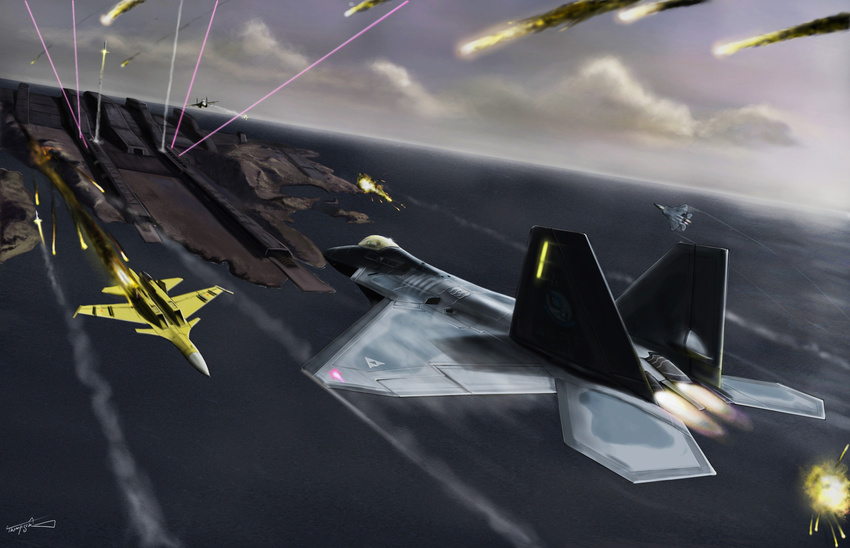 ace_combat_04 aerial_battle afterburner aircraft airplane artist_name battle cloud damaged emblem explosion f-22_raptor fighter_jet fire highres jet laser megalith meteor military military_vehicle missile mobius_1 no_humans pilot signature sky smoke su-37 thompson yellow_squadron