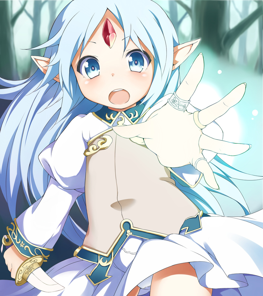 blue_eyes blue_hair dress elf forehead_jewel forest highres jewelry knife long_hair long_sleeves miotama nature open_mouth panties pantyshot pointy_ears puffy_sleeves rance_(series) rance_quest reset_kalar ring smile solo teeth underwear
