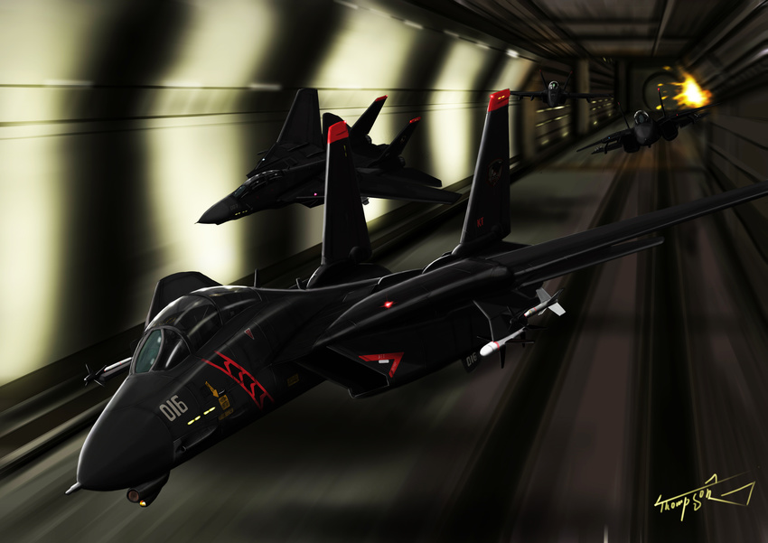 ace_combat ace_combat_5 aircraft airplane artist_name commentary emblem explosion f-14_tomcat f-18_hornet fighter_jet highres jet military military_vehicle missile no_humans pilot razgriz signature thompson tunnel