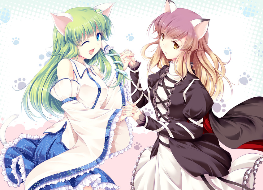 ;d animal_ears bare_shoulders blonde_hair blue_eyes brown_eyes cat_ears cat_tail cetera detached_sleeves dress fang frog_hair_ornament gradient_hair green_hair hair_ornament hair_tubes highres hijiri_byakuren holding_hands kemonomimi_mode kochiya_sanae long_hair multicolored_hair multiple_girls one_eye_closed open_mouth purple_hair smile snake tail touhou