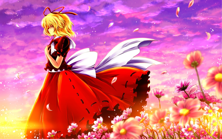 blonde_hair bow closed_eyes cloud field flower flower_field hair_ribbon hands_on_own_chest highres medicine_melancholy nekominase petals puffy_sleeves purple_sky ribbon sash shirt short_hair short_sleeves skirt solo standing star_(sky) sunset touhou wind