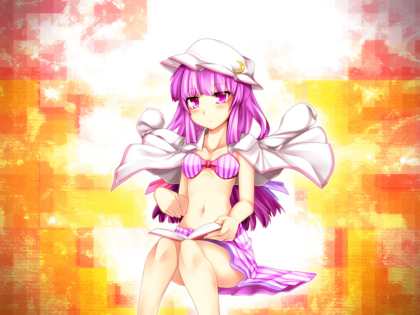 alternate_headwear bare_shoulders bikini book bow crescent hair_bow hat highres kazetto long_hair looking_at_viewer navel patchouli_knowledge purple_eyes purple_hair reading sitting solo swimsuit touhou very_long_hair