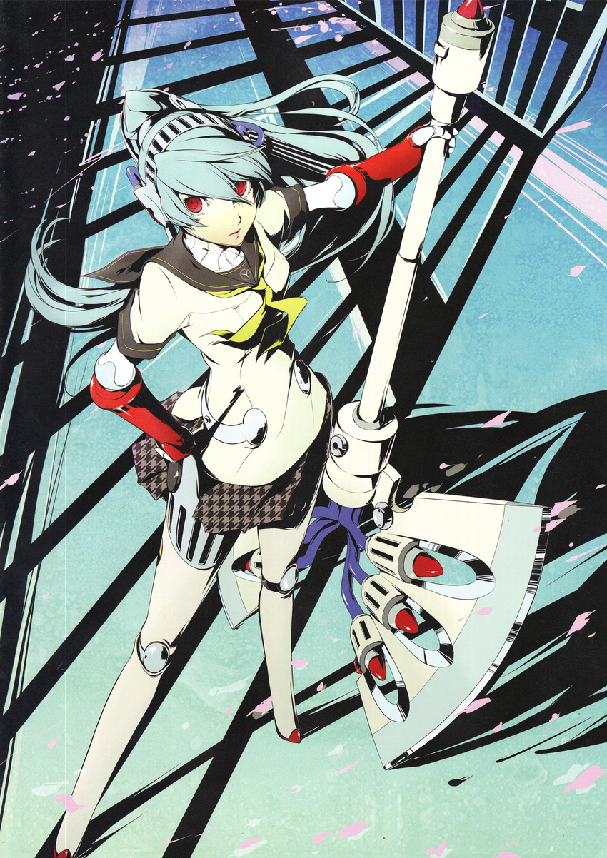 android atlus highres labrys long_hair official_art persona persona_4:_the_ultimate_in_mayonaka_arena ponytail red_eyes robot school_uniform silver_hair skirt soejima_shigenori weapon