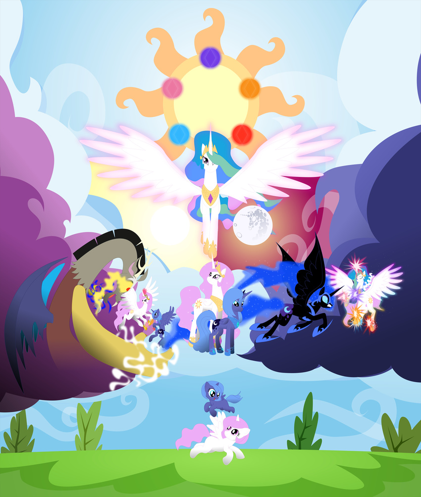 absurd_res absurdly_absurd_res blue_hair crown cutie_mark discord_(mlp) draconequus duo equine female feral friendship_is_magic hair hi_res horn horse looking_at_viewer male mammal mdsk moon multi-colored_hair my_little_pony nightmare_moon_(mlp) outside pink_hair pony princess princess_celestia_(mlp) princess_luna_(mlp) royalty sibling sisters sun winged_unicorn wings