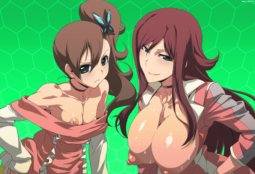 akana_rui bad_id bad_pixiv_id breasts brown_hair butterfly_hair_ornament chousoku_henkei_gyrozetter flat_chest green_background green_eyes hair_ornament hexagon honeycomb_(pattern) honeycomb_background huge_breasts inaba_rinne jaga_note long_hair multiple_girls nipples open_clothes open_shirt puffy_nipples red_hair shirt side_ponytail smile sweat topless