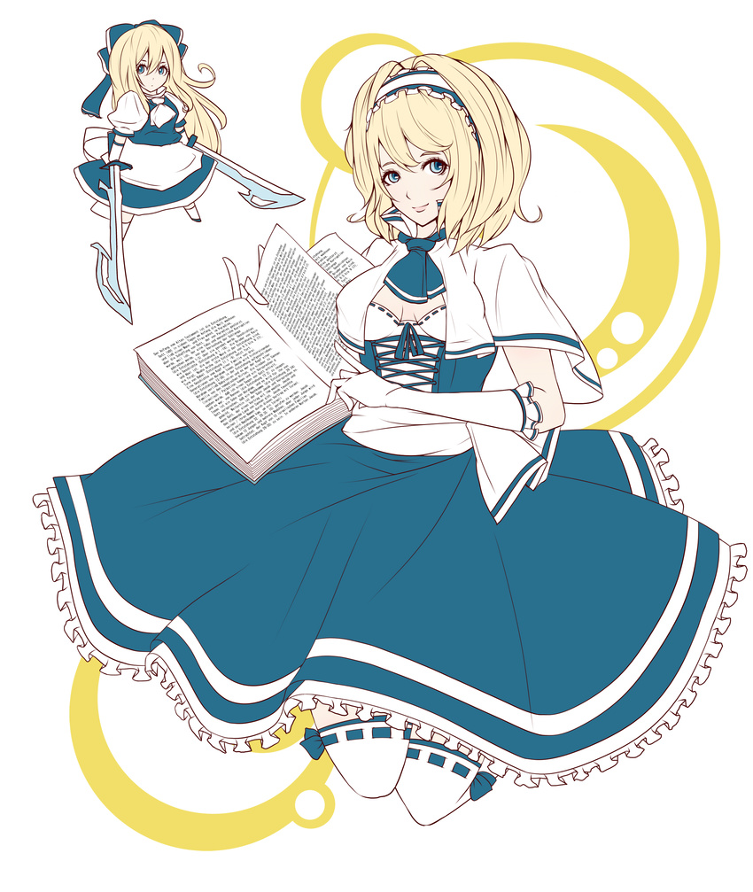 absurdres alice_margatroid alternate_costume amuo_(un-r7) bad_id bad_pixiv_id bible blonde_hair blue_eyes book bow capelet doll dress frills german hairband highres ranguage ribbon shanghai_doll short_hair smile sword thighhighs touhou weapon