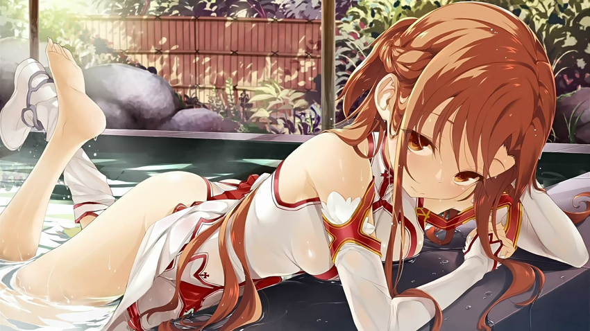 1girl ass asuna_(sao) bare_shoulders barefoot boots brown_eyes brown_hair buriki detached_sleeves eyecatch feet highres lips long_hair looking_at_viewer lying official_art on_stomach panties partially_submerged single_shoe single_thighhigh skirt skirt_lift solo sword_art_online thighhighs toes underwear upskirt water wet wet_clothes wet_hair white_legwear white_panties