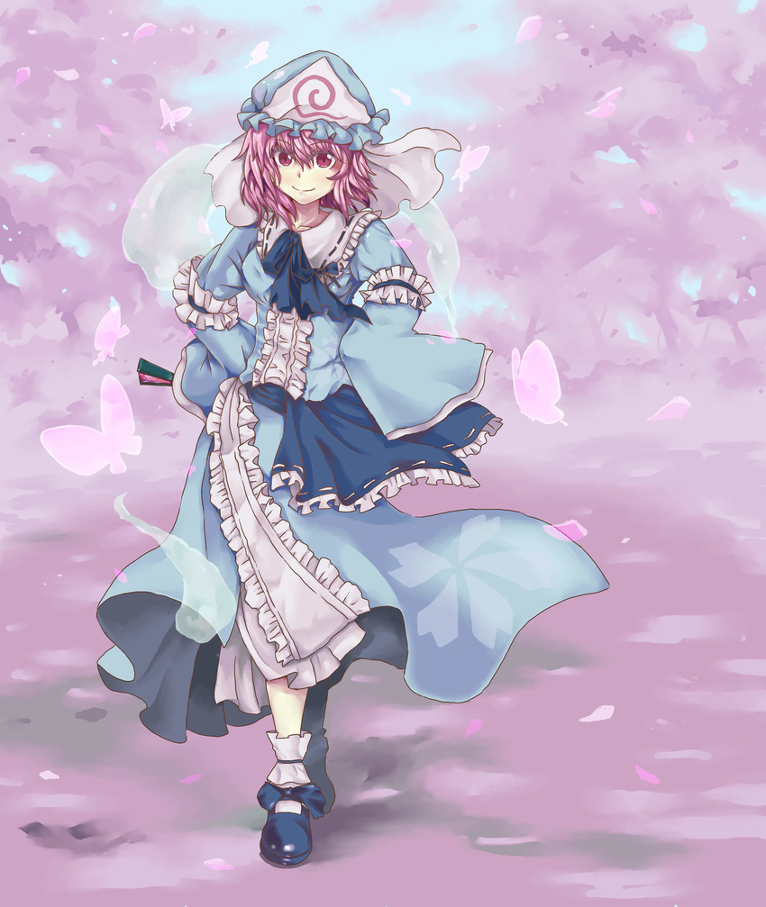 absurdres breasts bug butterfly closed_fan fan folding_fan hat highres insect japanese_clothes long_sleeves medium_breasts petals pink_eyes pink_hair saigyouji_yuyuko short_hair smile solo touhou triangular_headpiece wide_sleeves