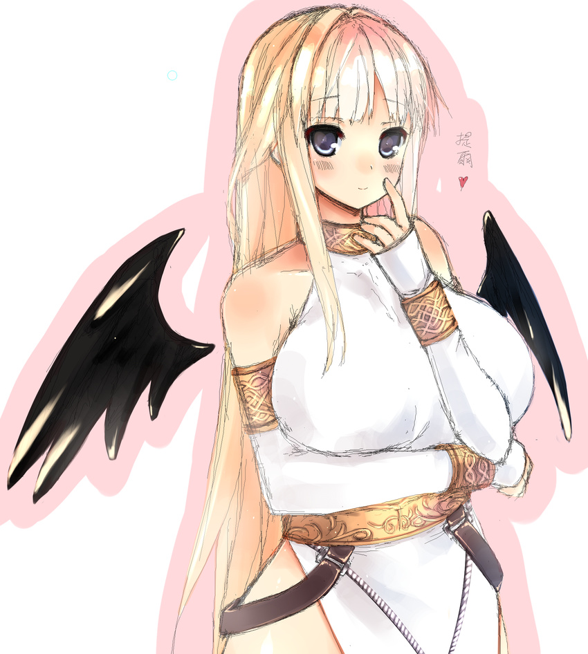 bare_shoulders blonde_hair blue_eyes blush breasts cosplay half_updo heart highres huatu_jiang huge_breasts light_smile long_hair mabinogi mabinogi_heroes morrighan morrighan_(cosplay) solo tieve translation_request wings