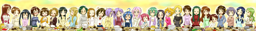 absurdres ahoge akiyama_mio apron asahina_mikuru asakura_ryouko black_hair blonde_hair blue_hair brown_hair chocolate company_connection cooking egg everyone flour food glasses green_hair hair_ornament hairband hairclip highres hiiragi_kagami hiiragi_tsukasa hirasawa_ui hirasawa_yui iwasaki_minami izumi_konata k-on! kimidori_emiri knife kobayakawa_yutaka kotobuki_tsumugi kuroi_nanako kusakabe_misao kyon_no_imouto kyoto_animation long_image lucky_star manabe_nodoka minegishi_ayano mori_sonou multiple_girls nagato_yuki nakano_azusa narumi_yui patricia_martin pink_hair purple_hair suzumiya_haruhi suzumiya_haruhi_no_yuuutsu tainaka_ritsu takara_miyuki tamura_hiyori tsuruya twintails wide_image yamanaka_sawako