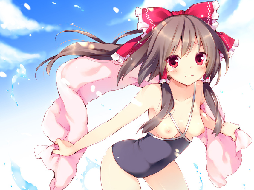blue_swimsuit bow breasts cloud colorized commentary_request competition_school_swimsuit day hair_bow hair_tubes hakurei_reimu leaning_forward long_hair looking_at_viewer medium_breasts nipples one-piece_swimsuit peko pink_towel red_eyes sakura_hanpen sky solo swimsuit tears touhou towel wardrobe_error water wavy_mouth