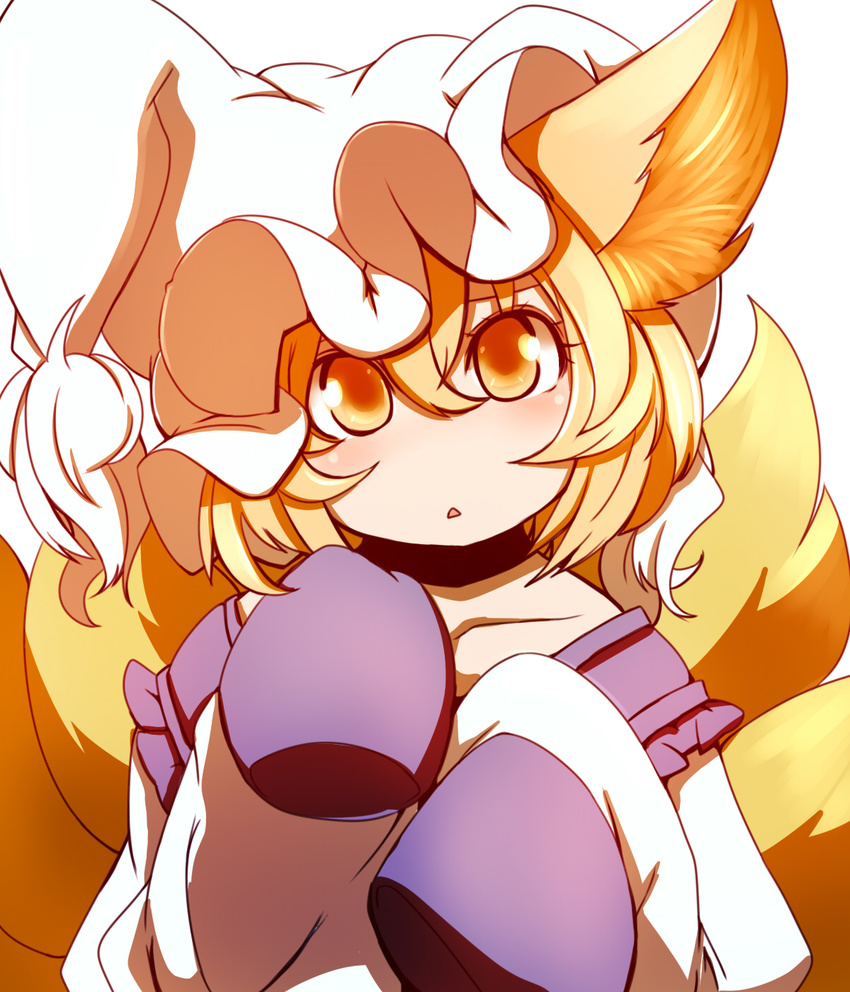 animal_ears blonde_hair blush dearmybrothers fox_ears fox_tail hat highres looking_at_viewer multiple_tails oversized_clothes short_hair sleeves_past_fingers sleeves_past_wrists solo tail touhou yakumo_ran yellow_eyes younger