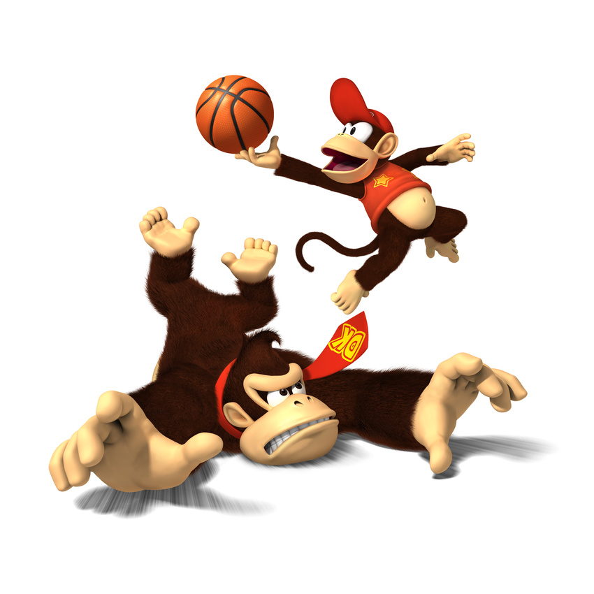 2boys absurdres ball basketball diddy_kong donkey_kong fur hat highres male male_focus monkey multiple_boys necktie nintendo tail tie