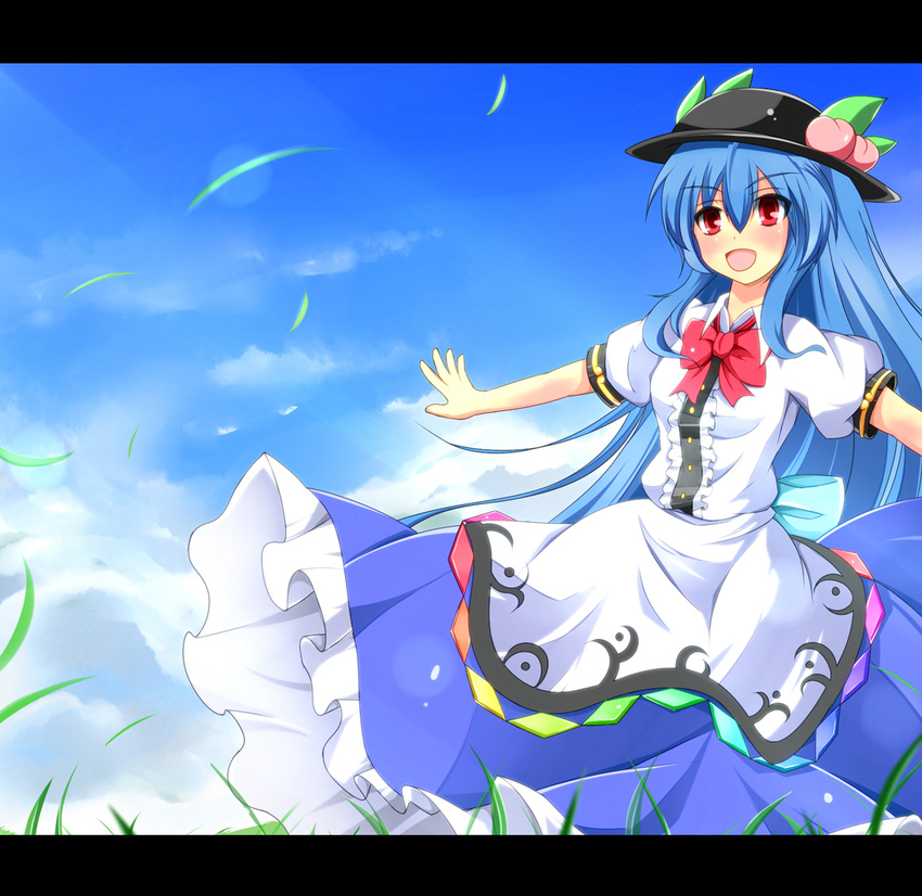 blue_hair blush bow cloud day dress food fruit hat hinanawi_tenshi leaf long_hair open_mouth outdoors peach puffy_sleeves red_eyes ribbon short_sleeves sky solo touhou uumenn