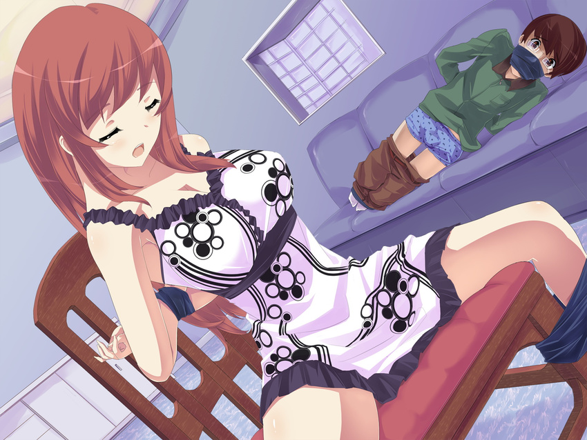 1girl breasts brown_hair chair eyes_closed gag game_cg glasses highres long_hair mouth_taped otn short_hair sitting spread_legs tied_up underwear