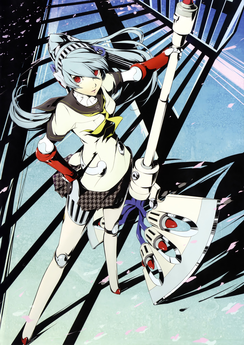 absurdres android aqua_hair axe battle_axe from_above headphones highres labrys long_hair official_art persona persona_4:_the_ultimate_in_mayonaka_arena pleated_skirt ponytail red_eyes robot_joints school_uniform skirt soejima_shigenori solo weapon