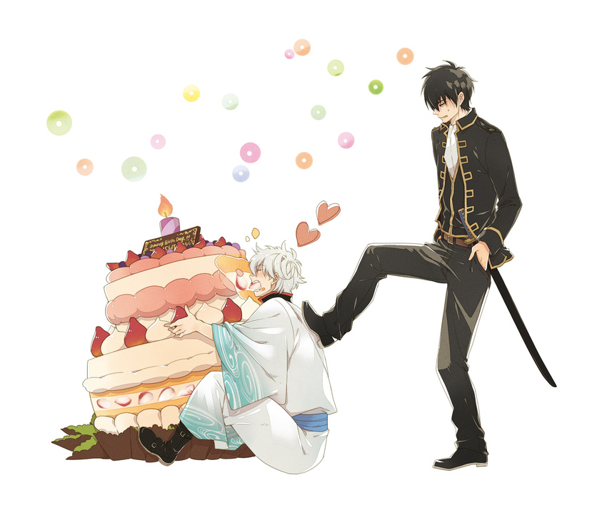 birthday_cake black_hair cake eating food gintama heart highres hijikata_toushirou japanese_clothes kicking ko-man male_focus military military_uniform multiple_boys sakata_gintoki uniform