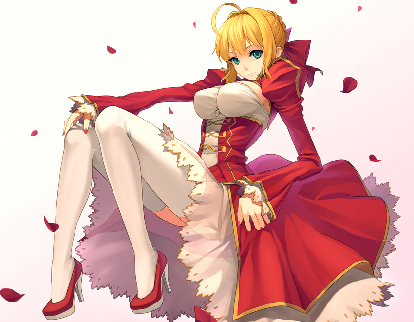 ahoge blonde_hair breasts dress fate/extra fate_(series) fingernails fkey full_body green_eyes high_heels large_breasts legs long_legs looking_at_viewer nail_polish nero_claudius_(fate) nero_claudius_(fate)_(all) petals see-through shoes simple_background solo thighhighs thighs white_background white_legwear