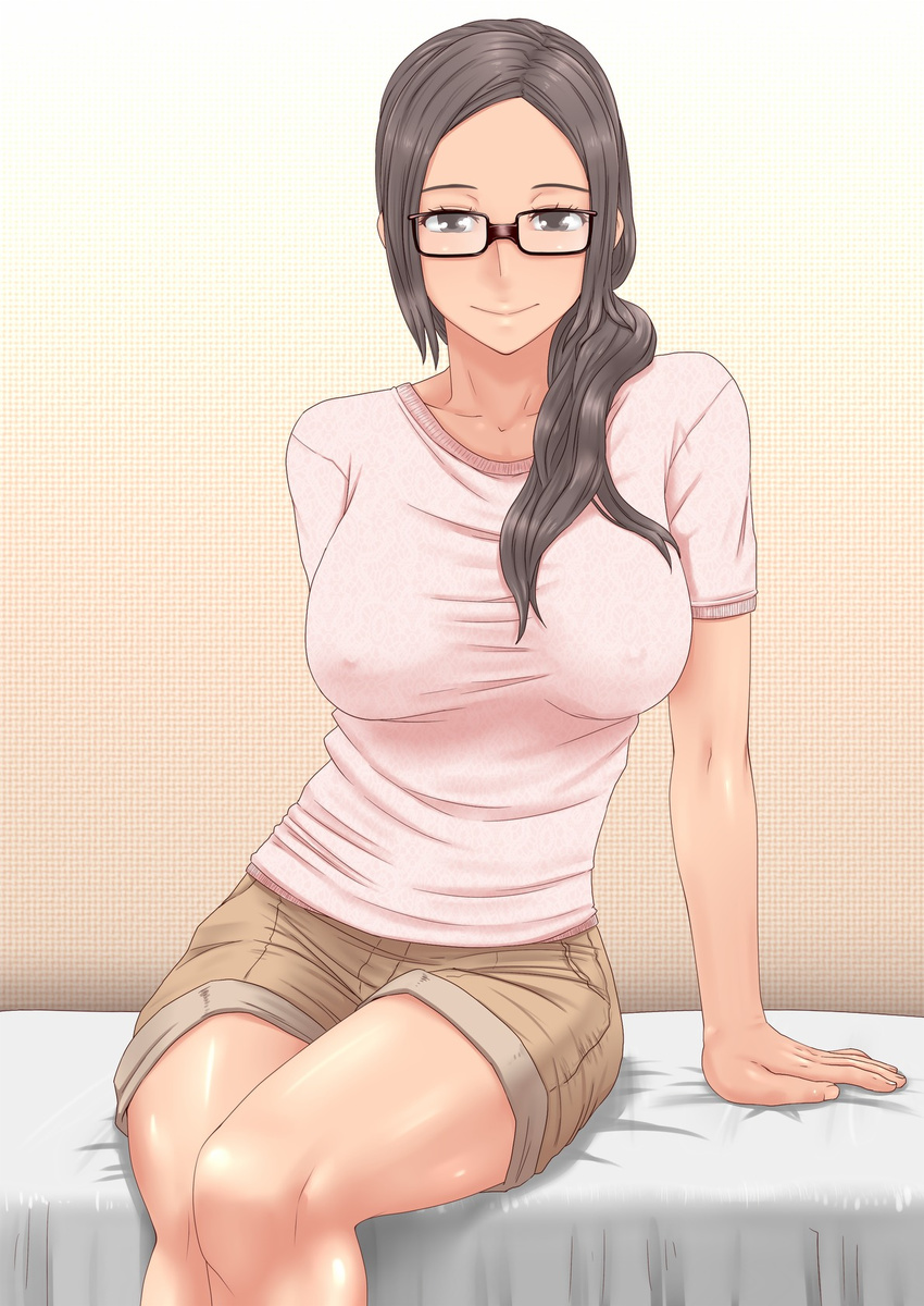 bed black_eyes breasts brown_hair glasses highres long_hair looking_at_viewer section_11 shorts sitting smile solo