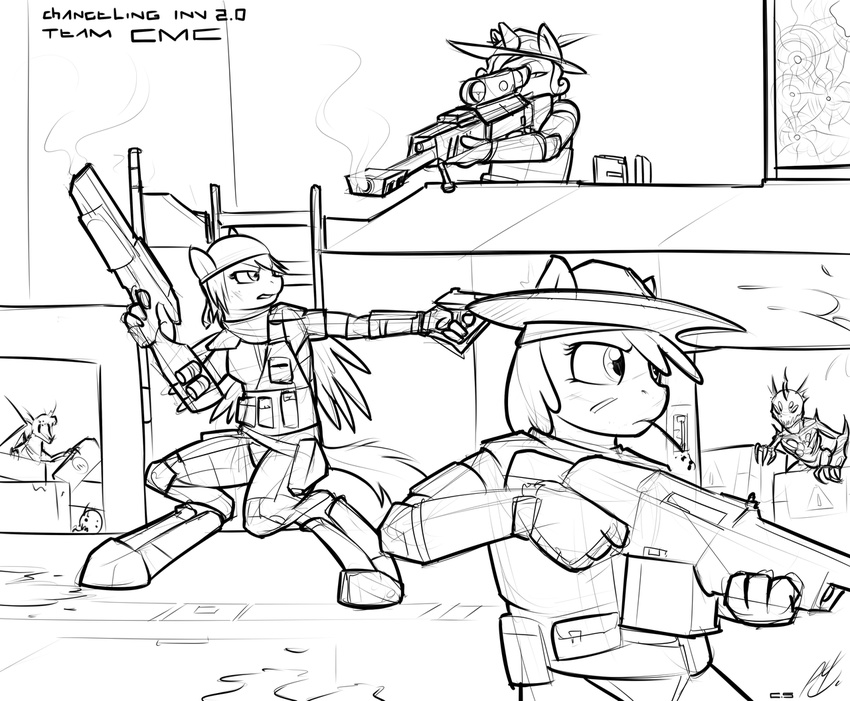 anthro anthrofied apple_bloom_(mlp) armor black_and_white changeling changeling_(mlp) cutie_mark_crusaders_(mlp) equine fatalfox female friendship_is_magic gun hair horn horse mammal monochrome my_little_pony plain_background pony ranged_weapon scootaloo_(mlp) sketch sniper suit sweetie_belle_(mlp) unicorn war weapon white_background