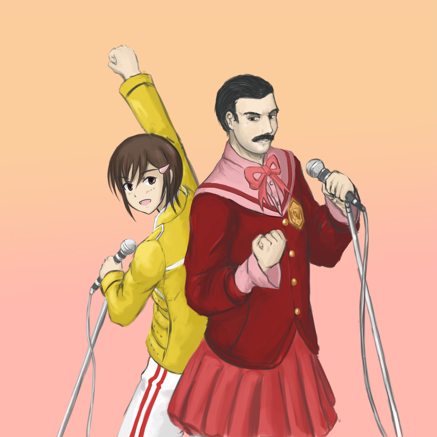 1girl bare_legs black_hair brown_hair cosplay costume_switch crossdressing crossover drawfag facial_hair freddie_mercury freddie_mercury_(cosplay) hair_ornament hairclip highres jacket kami_nomi_zo_shiru_sekai kosaka_chihiro leg_hair manly microphone microphone_stand mustache open_clothes open_jacket pants queen_(band) reverse_trap school_uniform simple_background