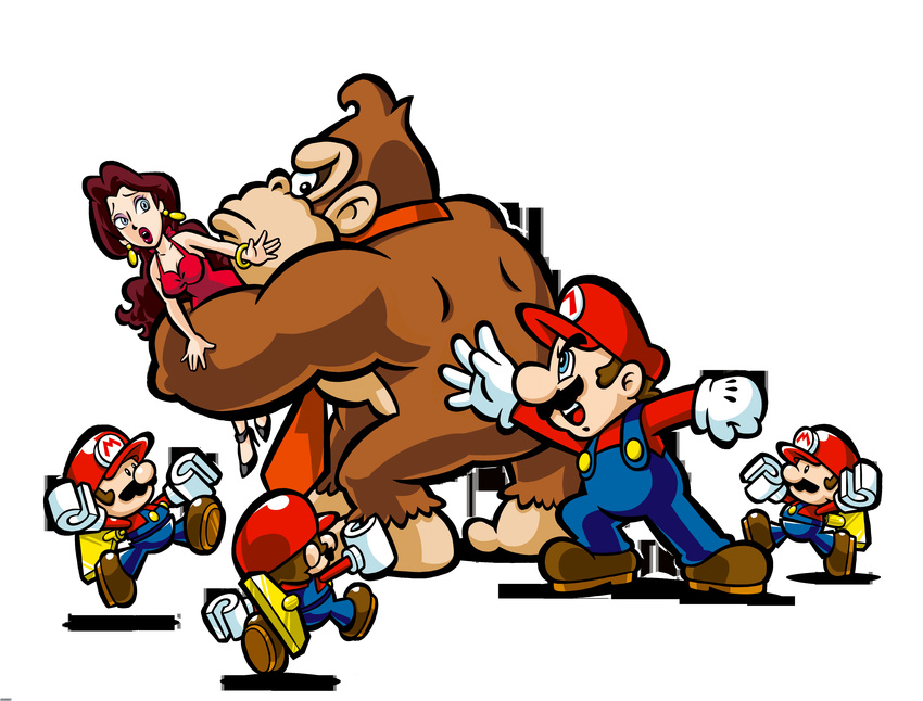 1girl 2boys absurdres angry blue_eyes brown_hair clothes donkey_kong dress facial_hair highres mario mario_(series) mario_vs_donkey_kong mini_mario multiple_boys mustache necktie nintendo official_art original outstretched_hand overalls pauline plain_background super_mario_bros. suspenders tie toy toys white_background