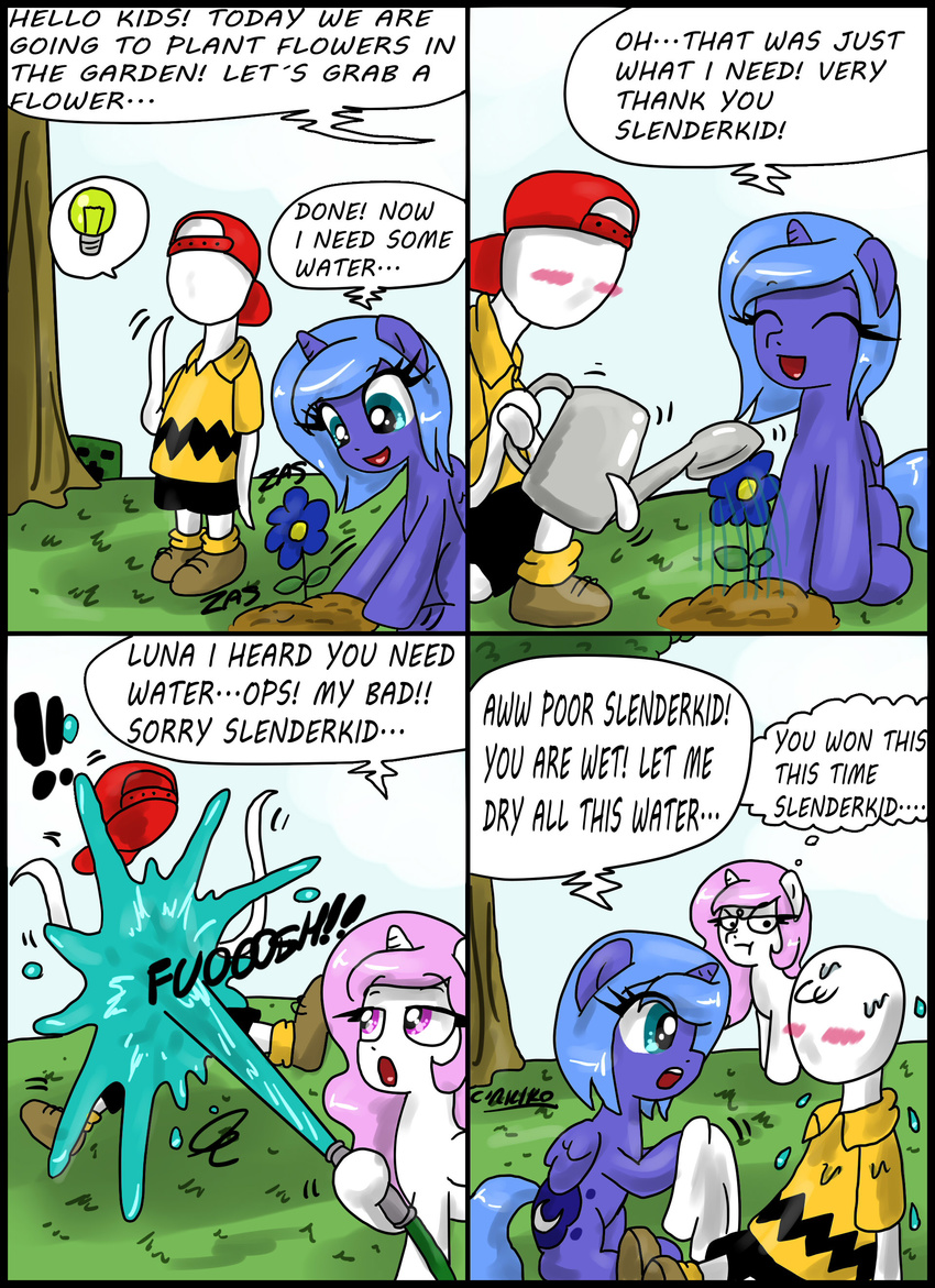 blue_eyes blush bulb ciriliko clothing comic creeper cutie_mark dialog dialogue english_text equine female feral flower friendship_is_magic hair hat horn horse light_bulb lightbulb male mammal minecraft my_little_pony pink_hair pony princess princess_celestia_(mlp) princess_luna_(mlp) purple_eyes royalty slenderman text video_games watering_can wet what winged_unicorn wings