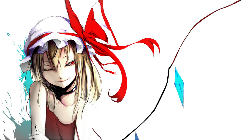 arm_grab bare_shoulders blonde_hair bow choker crystal face flandre_scarlet hair_between_eyes hat hat_bow hat_ribbon highres jitome looking_away one_eye_closed red_eyes ribbon solo touhou upper_body wallpaper white_background wince wings yugeoryouki