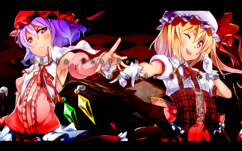 ;p alternate_costume armpits bat_wings blonde_hair blush character_name checkered checkered_floor detached_sleeves flandre_scarlet gloves hat highres letterboxed long_hair multiple_girls one_eye_closed outstretched_arm purple_hair red_eyes remilia_scarlet short_hair side_ponytail tongue tongue_out touhou white_gloves wings yuuzii
