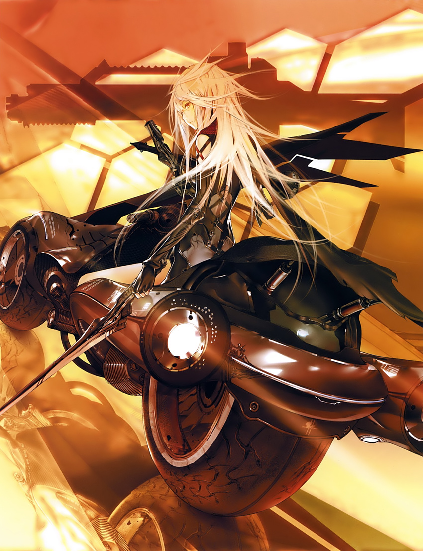 absurdres bare_shoulders bodysuit dual_wielding elbow_gloves fingerless_gloves gloves ground_vehicle gun highres holding long_hair looking_back million_arthur_(series) motor_vehicle motorcycle nil orange_eyes red_scarf reflection scan scarf solo sword weapon white_hair