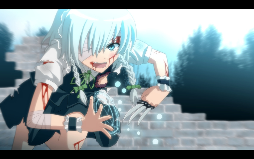 anime_coloring aqua_eyes bandage_over_one_eye bandages blood blood_on_face braid izayoi_sakuya knife letterboxed magic_circle open_mouth short_hair silver_hair skirt solo tomon_(slash0410) torn_clothes touhou twin_braids wallpaper wrist_cuffs