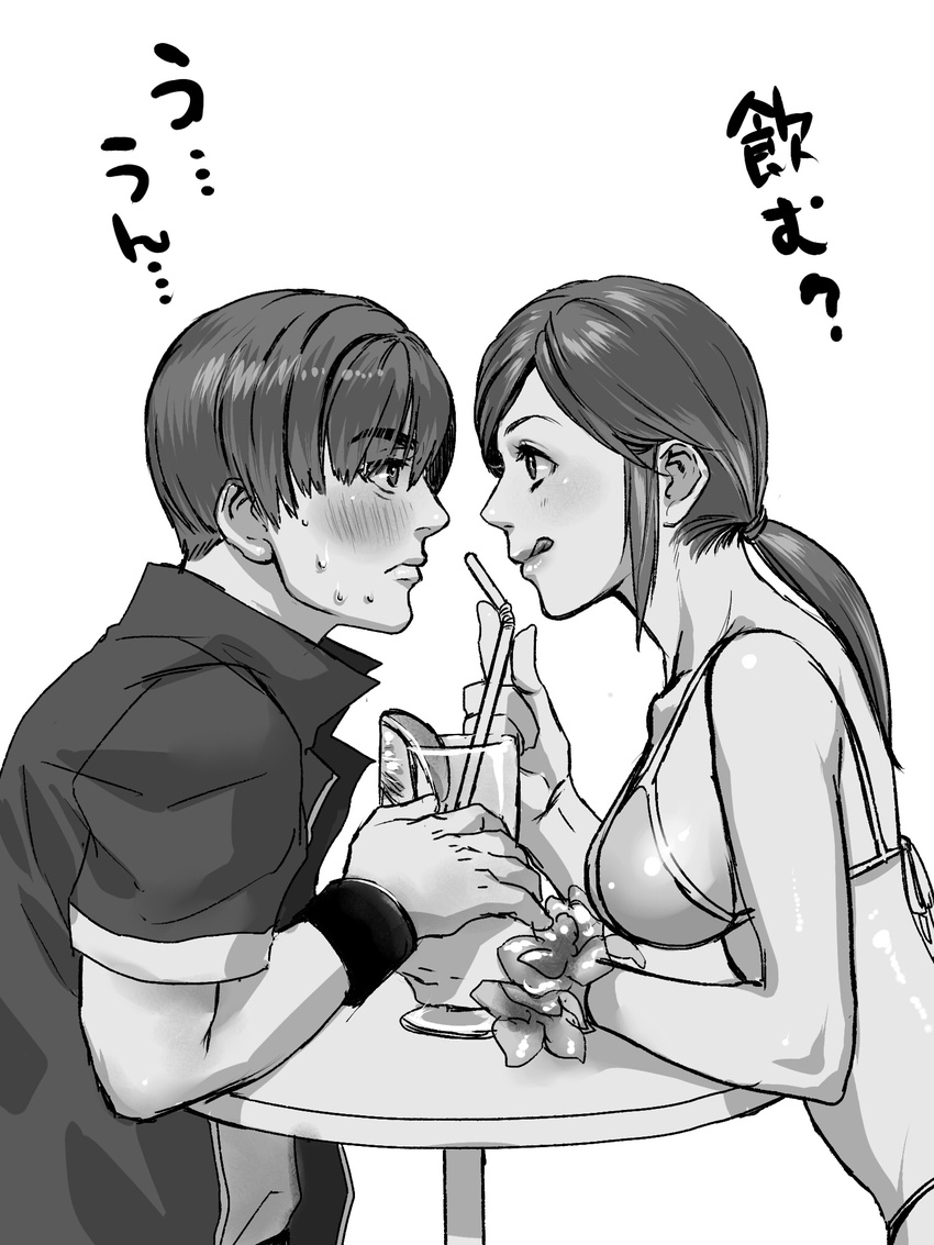 1girl bikini blush claire_redfield drink drinking_straw eye_contact greyscale highres katou_teppei licking_lips long_hair looking_at_another monochrome ponytail resident_evil resident_evil_code:_veronica steve_burnside sweat swimsuit tongue tongue_out translation_request