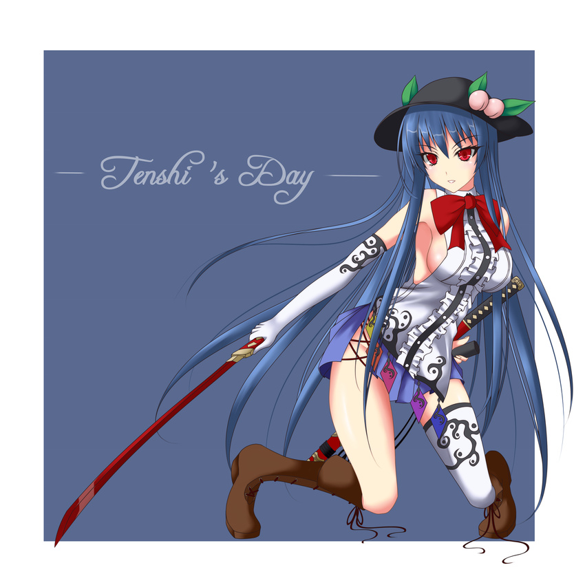 adapted_costume alternate_breast_size blue_hair boots breasts elbow_gloves gloves gmot hat highres hinanawi_tenshi long_hair medium_breasts no_panties red_eyes sideboob solo sword_of_hisou touhou very_long_hair