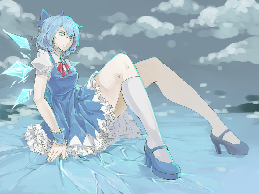 bad_id bad_pixiv_id blue_eyes blue_hair bow cirno cloud doming dress foreshortening hair_bow high_heels ice ice_wings mary_janes shoes sitting smirk socks solo teenage touhou wings wrist_cuffs