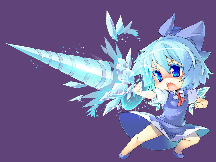 blue_eyes blue_hair chibi cirno colored_eyelashes dress drill ice ice_wings kokka_han open_mouth purple_background short_hair simple_background solo touhou weapon wings