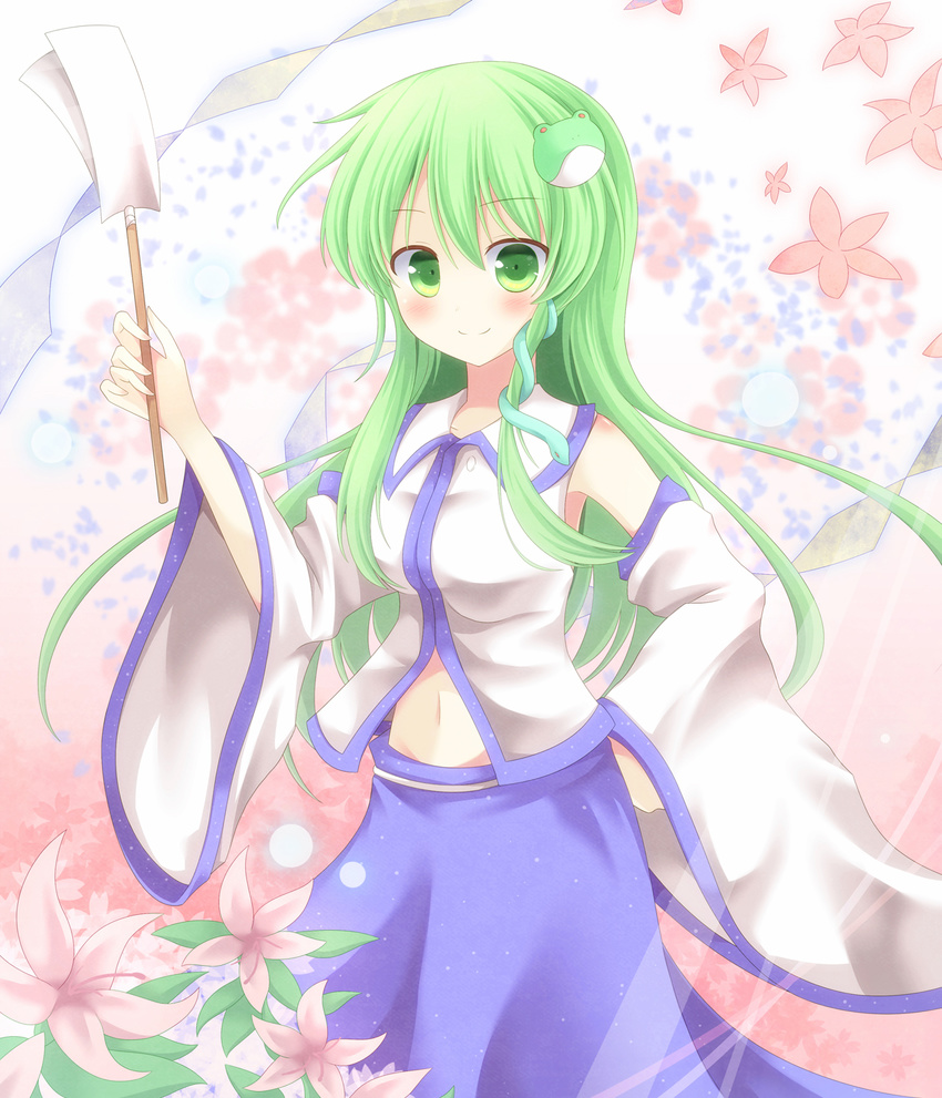 aibumi bare_shoulders blush detached_sleeves flower frog_hair_ornament green_eyes green_hair hair_ornament highres holding kochiya_sanae long_hair looking_at_viewer smile snake solo touhou